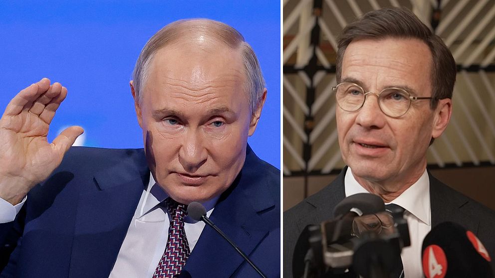 Tvådelad bild. Vänster: Putin talar inför blå bakgrund. Höger: Ulf Kristersson framför mikrofoner.