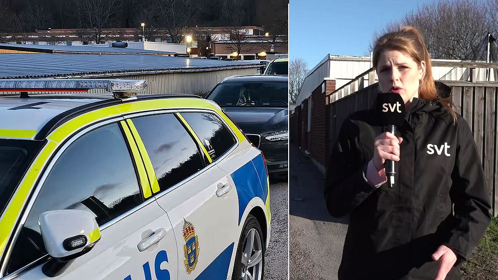 En delad bild som visar två scener: till vänster, en svensk polisbil parkering på en gata med en lagerbyggnad i bakgrunden; till höger, en reporter som står utomhus och håller en mikrofon.