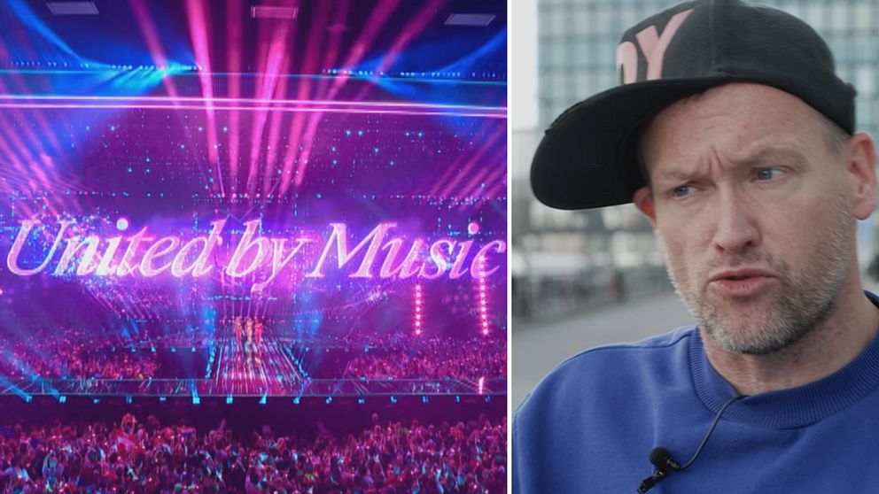 Eurovision-scen med texten ”United by Music” och en person i keps i närbild