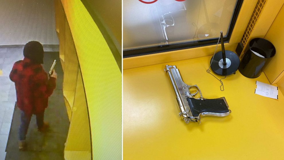 t,h person med låtsaspistol i Forex Bank i Kalmar. t,v bild på pistolen