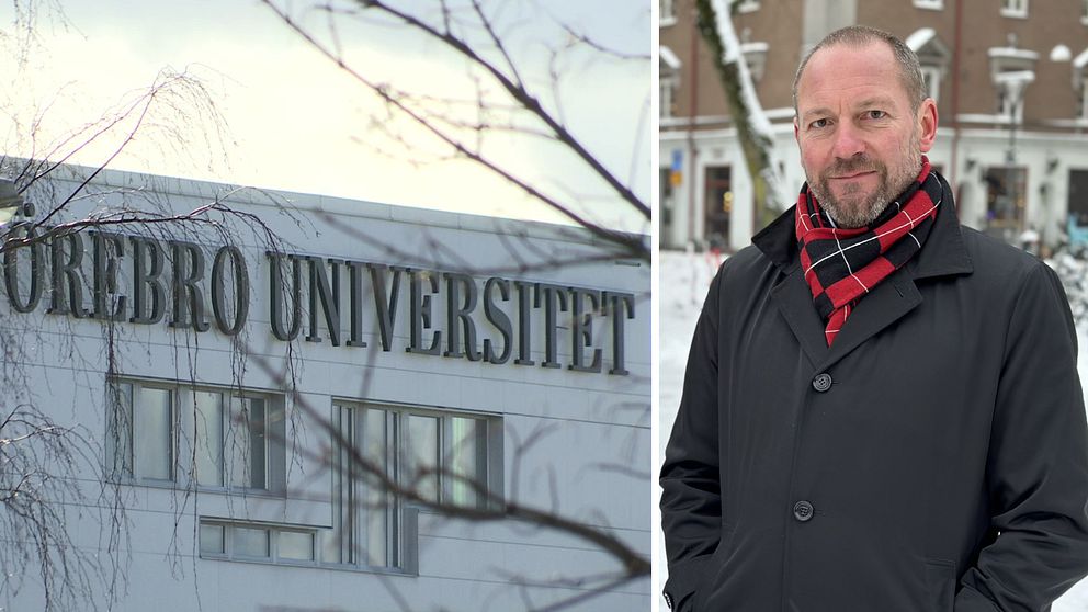 Vit byggnad med texten ”Örebro universitet” på fasaden samt en manlig forskare iklädd rock och halsduk.