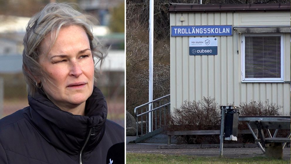 En delad bild som visar två sektioner. På vänster sida syns en person med en otydlig ansiktsbild, klädd i en svart jacka. Till höger finns en byggnad med skylten ”TROLLÄNGSSKOLAN”, där det också står ”cubsec”. Byggnaden har ett fönster och några bänkar framför.