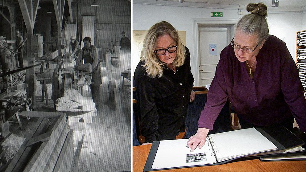 En arkivbild från ett sågverk till vänster. Till höger SVT:s reporter och bildantikvarien Kerstin Ingelmark tittar på bilder i Kristinehamns bildarkiv.