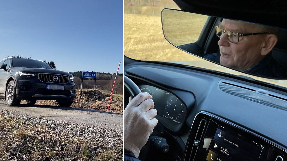 volvo kör på grusväg, man syns i backspegel