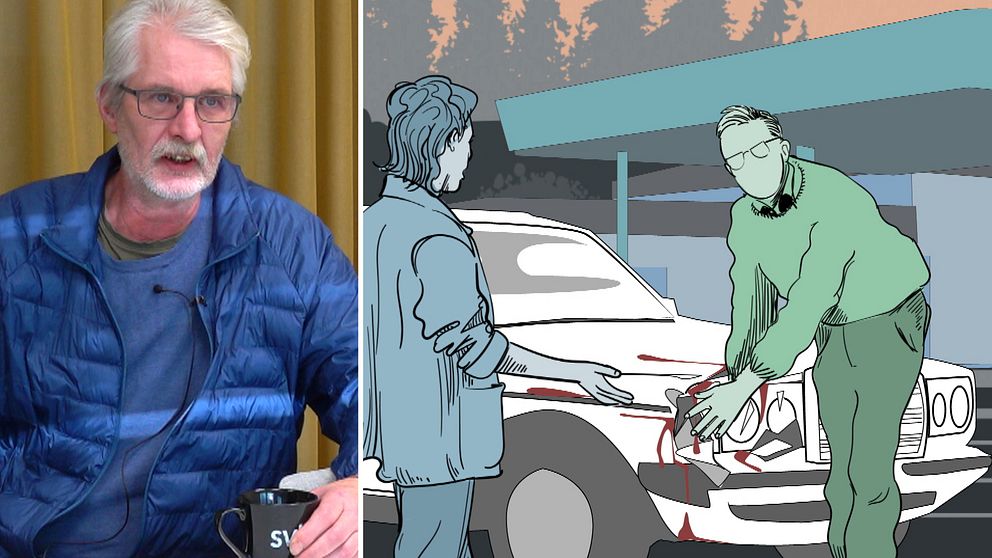 Jörgen Boije, nytt vittne i Ollefallet och teckning på bil med skador och blodstänk samt två personer.
