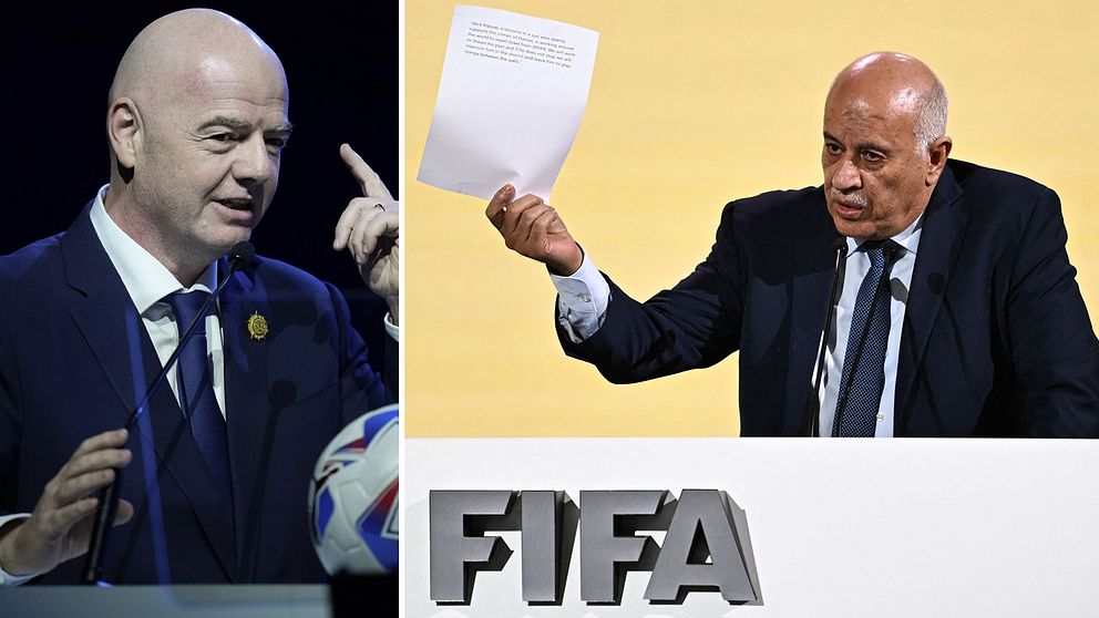 Fifabasen Gianni Infantino och palestinske ordföranden Jibril Rajoub.