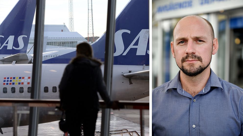 Till vänster, två SAS-flygplan genom ett terminalsfönster. Till höger, Martin Lindgren, ombudsman i Svensk pilotförening.