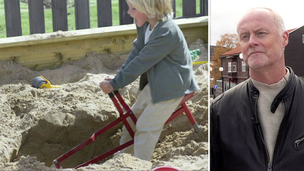 Bild från filmen ”Avgrunden”. Pojke gräver i sandlådan när marken öppnar sig. Samt Richard Holm, regissör.