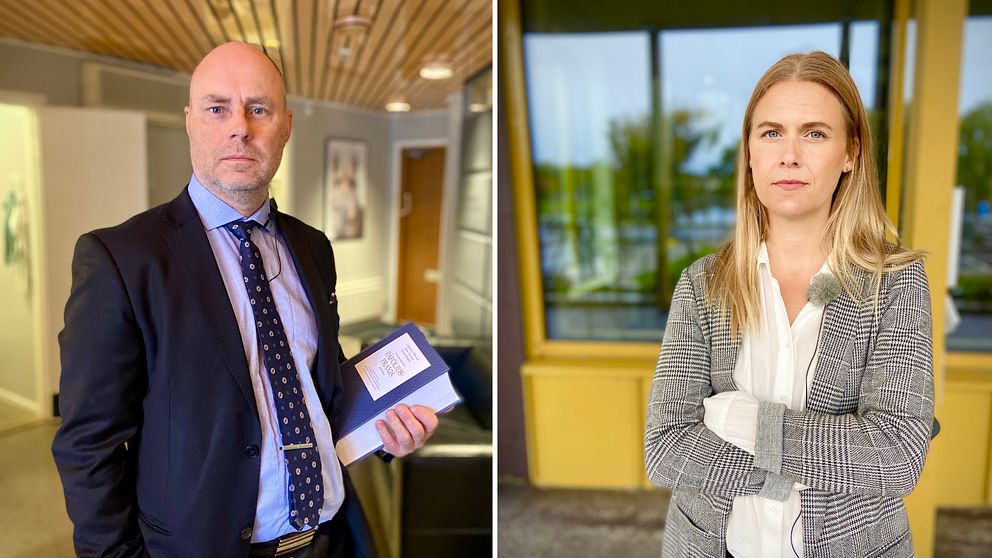 I foto till vänster: advokat Jan Nyman på sitt kontor med lagbok i handen och i foto till höger advokat Caroline Diederichsen framför Hälsingalnds tingsrätt med armarna i kors.