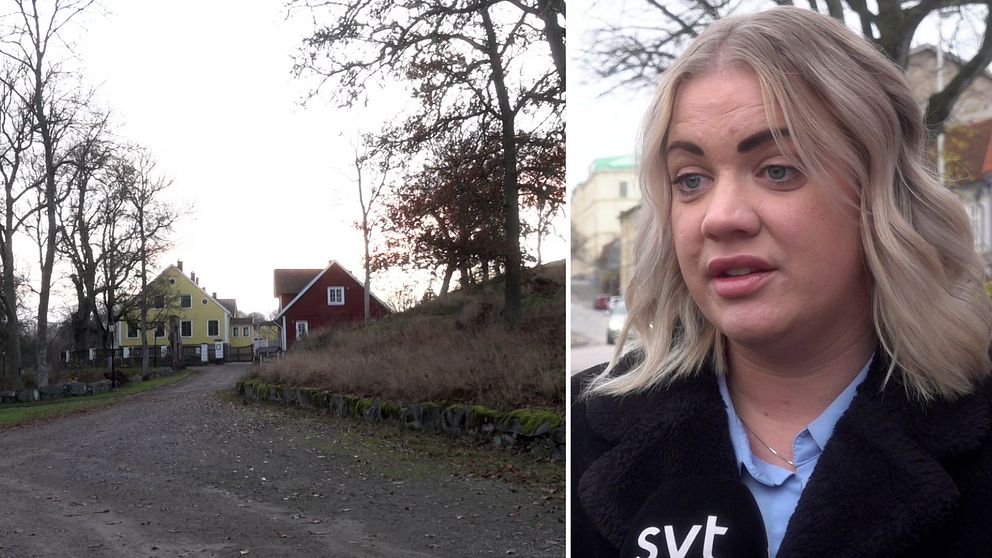 En delad bild som visar en lugn landsväg omgiven av träd med två byggnader i bakgrunden. Till vänster syns två hus, ett gult och ett rött, medan den högra delen visar en person med blont hår i en mörk jacka. Det är Elina Gustafsson (S).