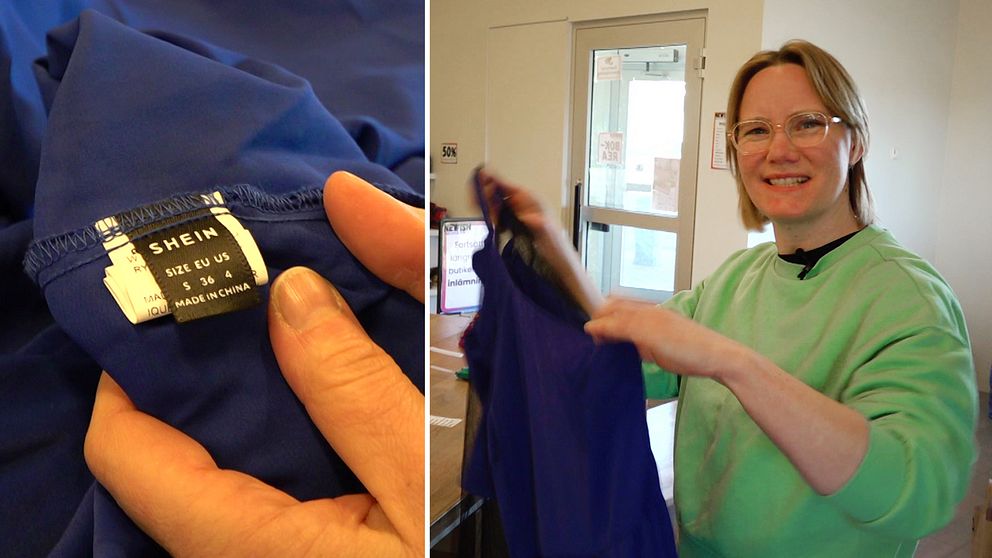 Delad bild: Till vänster hålls en blå klädesplagg med en etikett märkta ”SHEIN” i närbild. Till höger håller en person upp ett liknande blått plagg i en inomhusmiljö.