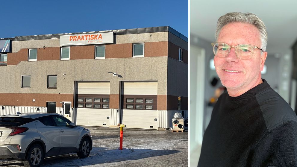 Tvådelad bild. Till vänster: husfasad med två garageportar och en skylt med texten Praktiska med parkerad bil framför. Till höger: Person inomhus.