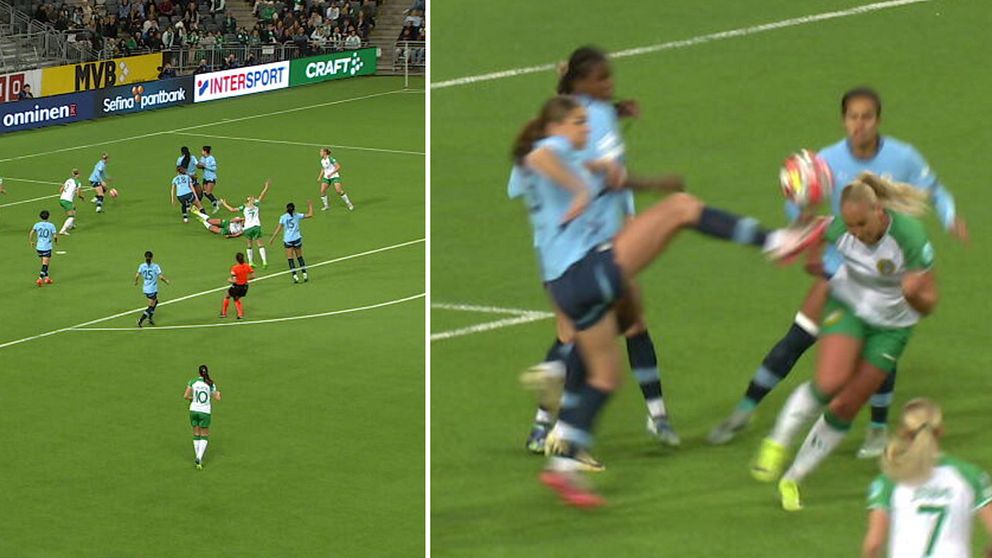 En delad bild av en fotbollsmatch med två sektioner. Den vänstra delen visar ett spelmoment där flera spelare i gröna och blå tröjor är engagerade i en attack, medan domaren observerar. I den högra delen av bilden fångas en intensiv situation där en spelare i grön tröja försöker ta bollen, samtidigt som en motståndare i blå tröja sträcker ut sitt ben för att försvara sig.