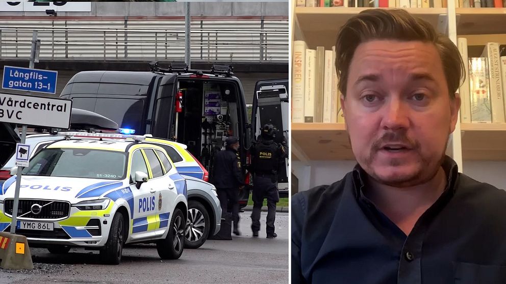 En delad bild som visar två scener. Den vänstra sidan visar en polisbil och en svart lastbil, omgiven av poliser på en gata med en skylt som visar ”Vårdcentral”. Den högra sidan visar en person framför en bokhylla, med ett upplatt för att anonymisera ansiktet.