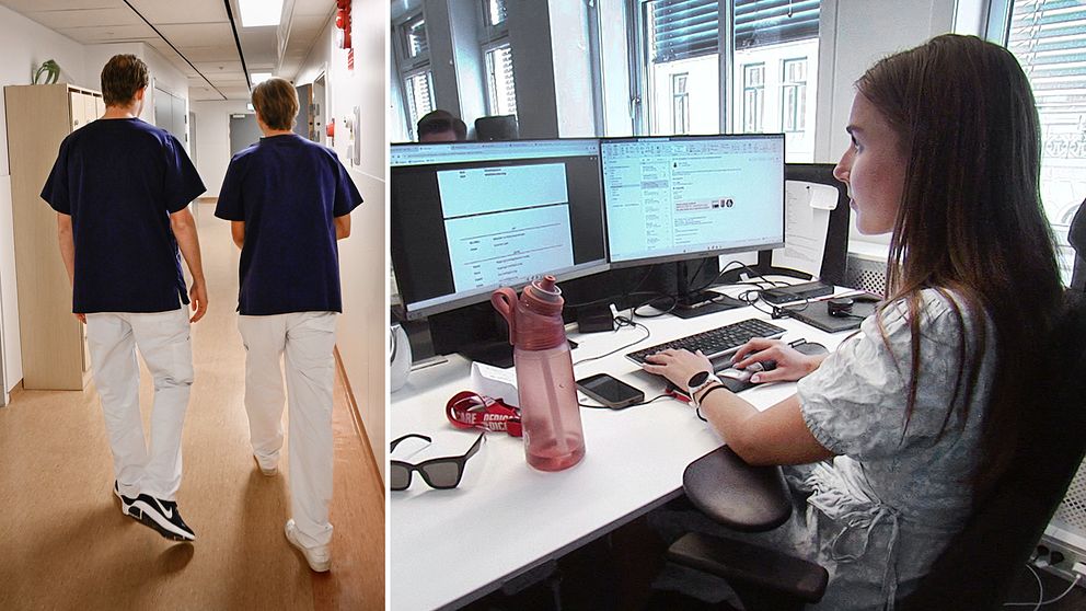 Två manliga sjuksköterskor som fotograferas bakifrån i en korridor, och en tjej som sitter i ett kontor framför en dator.