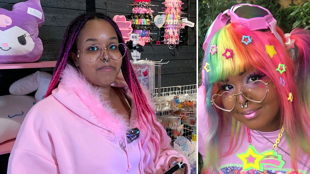 En delad bild som visar två personer i en butik med färgglada klädesplagg och accessoarer. Den vänstra sektionen visar en person med lila och rosa hår som bär en rosa hoodie. I den högra sektionen syns en annan person med lång, regnbågsfärgad frisyr och färgglada kläder, inklusive en stor stjärna som hängande smycke. Butiken verkar specialisera sig på söta och unika modeartiklar.