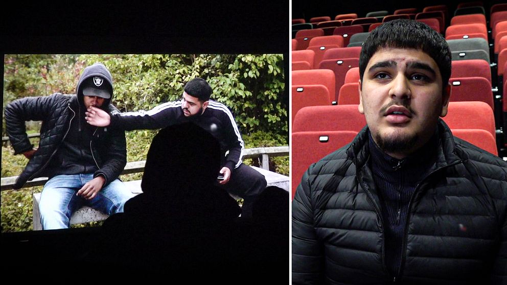 Till höger skådespelaren Ali Rajab sittandes i en biograf i Bergsjön i Göteborg. Till vänster en bild ur en film som visades på festivalen Filmplats.