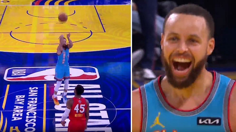 Tvådelad bild. Vänster: basketspelare skjuter ett frikast. Höger: samma spelare i närbild.