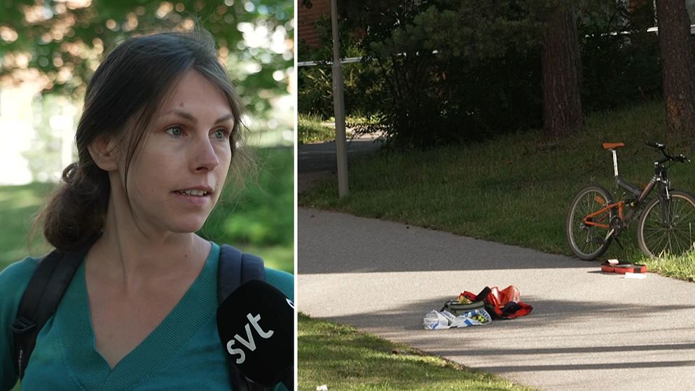 En kvinna i grön tröja och en bild på en gångväg