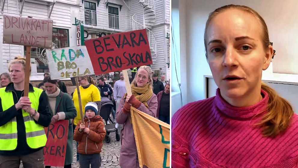 En delad bild som visar två scener. Till vänster syns en grupp människor som deltar i en demonstration. Till höger finns en person som sitter framför en kamera, klädd i en rosa tröja.