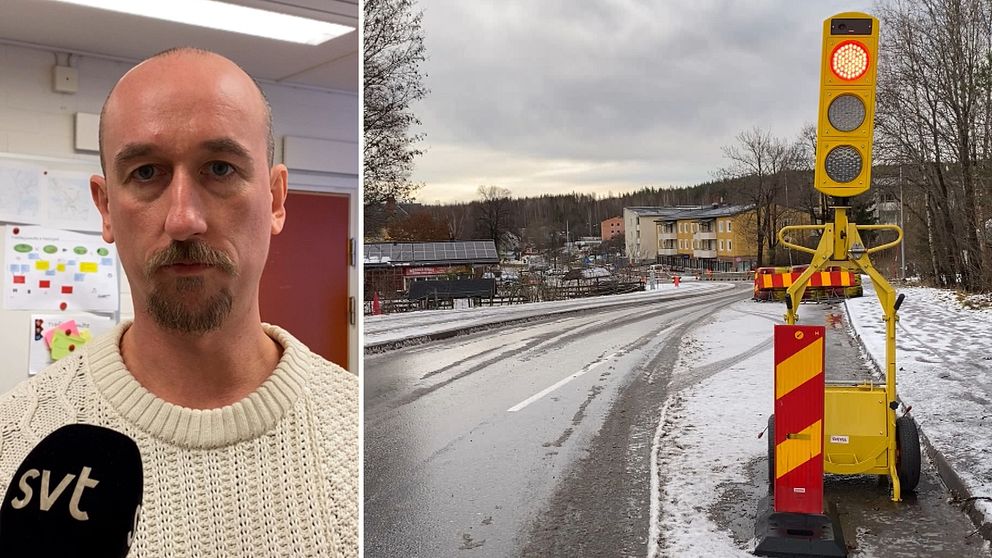 En porträttbild på den tf VA-chefen i Skinnskattebergs kommun, Christopher Åberg. samt en bild på gatan med markarbetet i centrala Skinnskatteberg