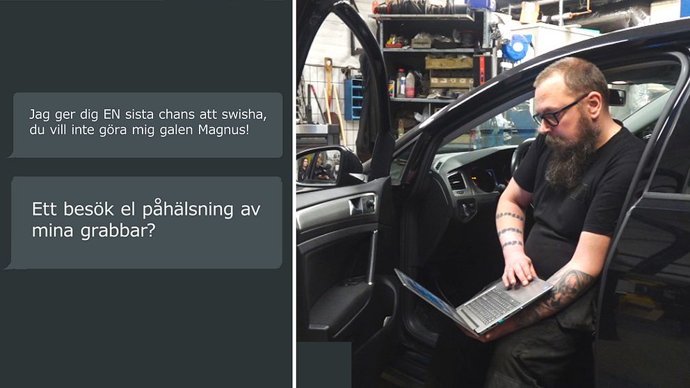 Montage av Magnus Larsson som sitter i en bil, på en verkstad, med en laptop i knät. I förgrunden chattbubblor med arga meddelanden från folk som blivit lurade av fejkkontot som lägger upp falska mobilannonser på Marketplace.