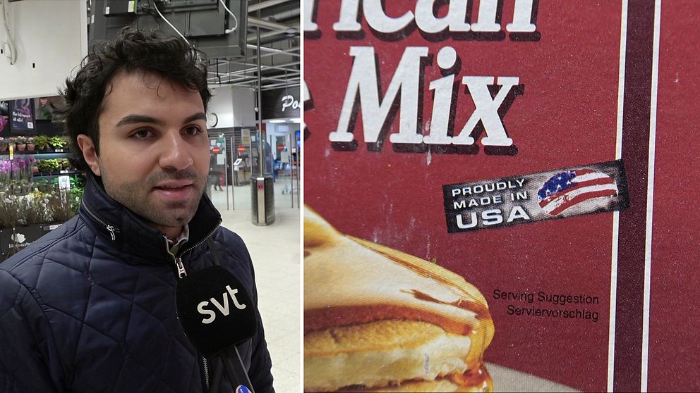 Delad bild: En ung man intervjuas i mataffär, samt närbild på amerikansk produktförpackning.
