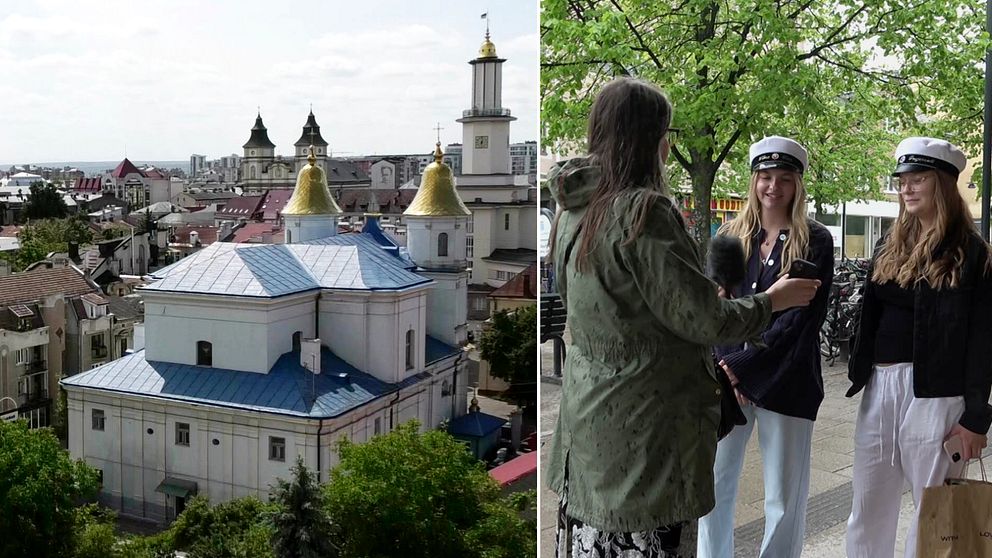 Kyrka med guldkupoler och studenter i studentmössor intervjuas utomhus.
