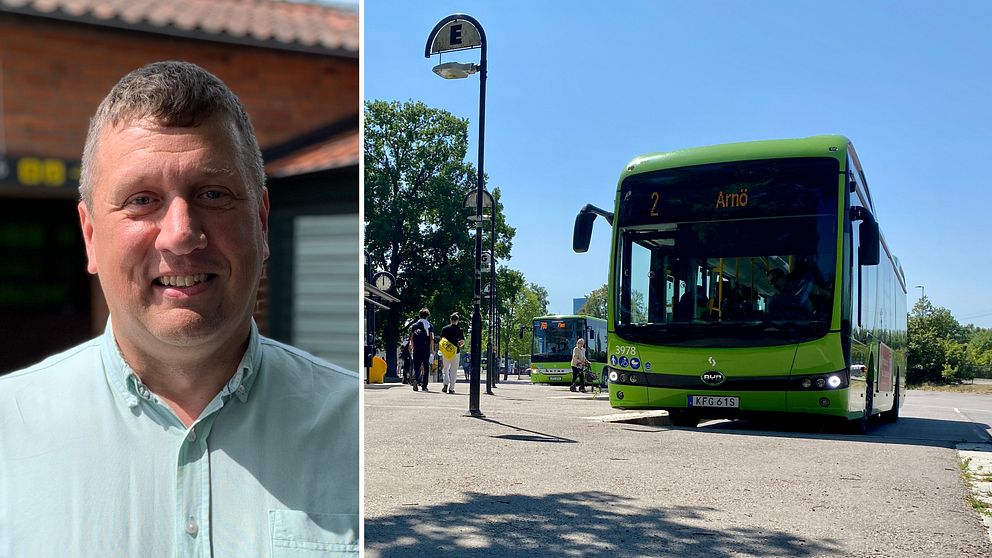 Bild på en stadsbuss i Nyköping i split med Mattias Claesson (C), regionråd med ansvar för kollektivtrafik.