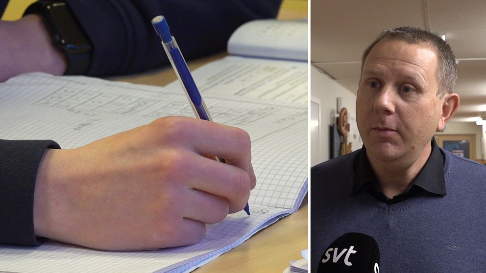 En delad bild som visar en hand som skriver på rutat papper med en penna, med anteckningar i bakgrunden. Den andra delen visar en man som pratar i mikrofon med ett SVT-märke, i en inomhusmiljö.