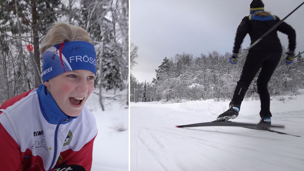En delad bild som visar en ung skidåkare, Jacob Grundqvist från Frösön, i en snötäckt skogsmiljö på vänster sida, iförd skidkläder och en mössa. På höger sida syns en skidåkare i full fart, åkande framåt längs ett preparerat skidspår.