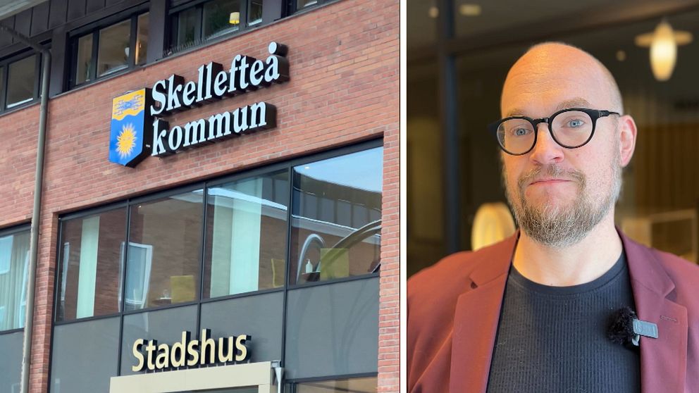 Splitbild med Skellefteå kommuns stadshus till vänster och Magnus Nilsson (S) vice ordförande till höger