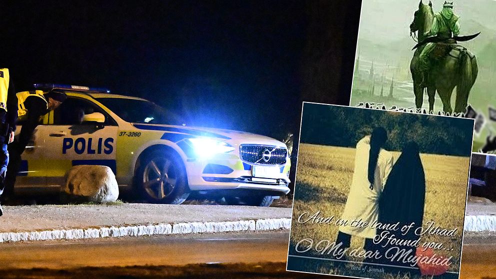 En polisbil i mörker och bilder på jihadistisk propaganda.