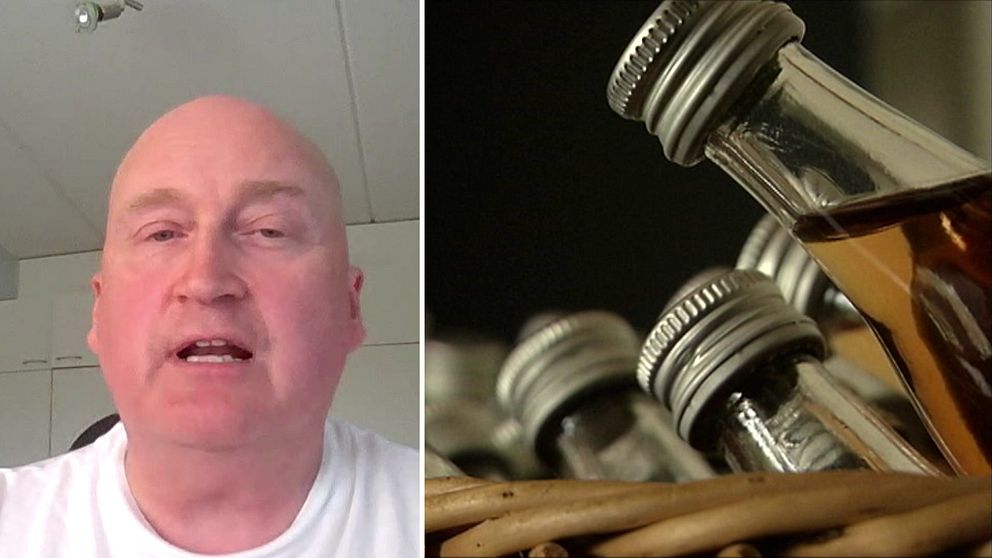 Till vänster pratar Thomas Karlsson, till höger ett korg full med flaskor.