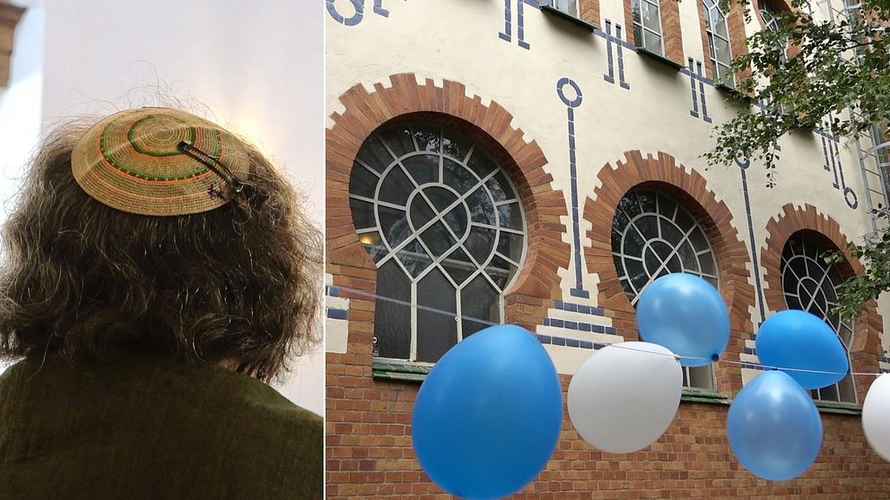En man med kippa i Malmö synagoga och ballonger utanför synagogan