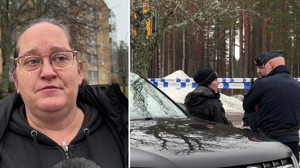 Kvinna med glasögon och poliser vid avspärrningar.