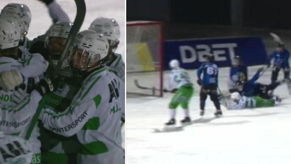 Tvådelad bild. Vänster: bandyspelare firar. Höger: mål i en bandymatch.