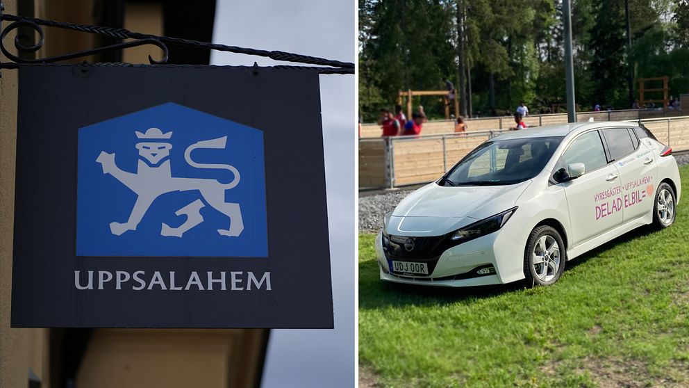 Delad bild med Uppsalahems logotyp till vänster och en vit bil till höger