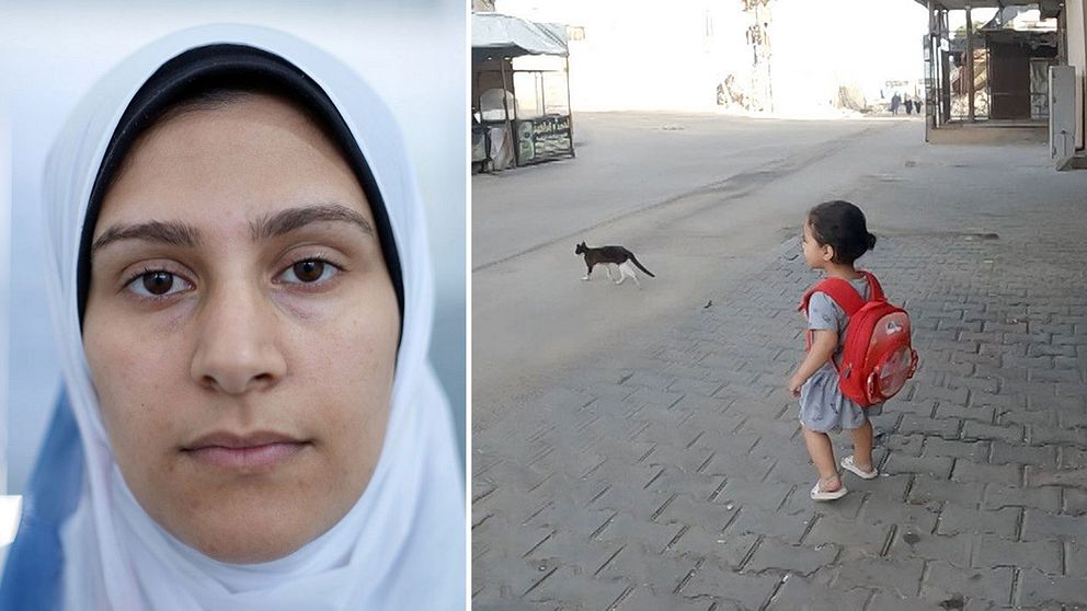 Tvådelad bild: Person i vit sjal på närbild, flicka med ryggsäck går på tom gata. Bild från SVT:s dokumentär ”Gaza – till sista andetaget”
