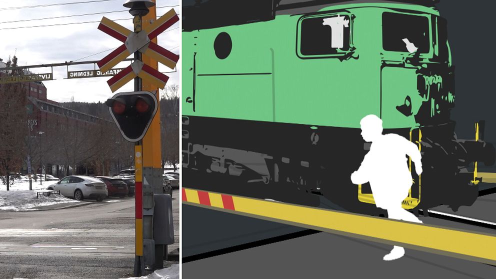 Ett foto på plankorsningen vid västra Esplanaden i Sundsvall och en illustration på ett godståg som träffar en person som genar under järnvägsbommarna