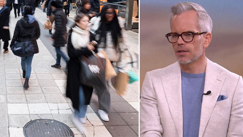 Tvådelad bild. Människor på en gågata med kassar i händerna. Till höger SVT:s ekonomikommentator Alexander Norén