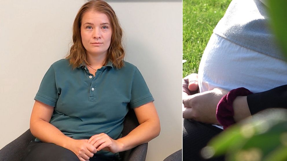 Gravid kvinna sitter på en bänk