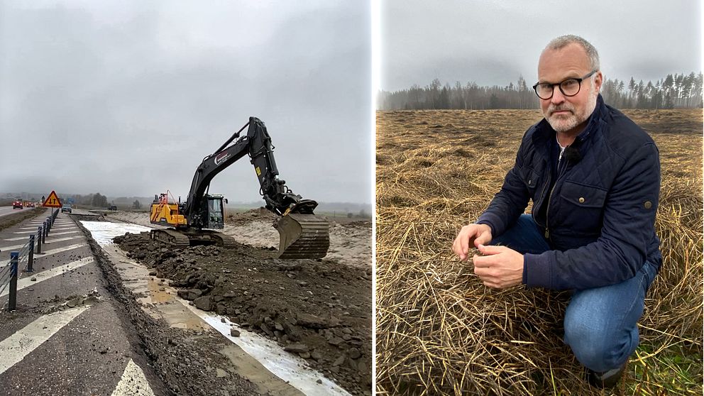 Grävmaskin vid vägbygge till vänster och spannmålsbonden Erik Holmberg till höger.