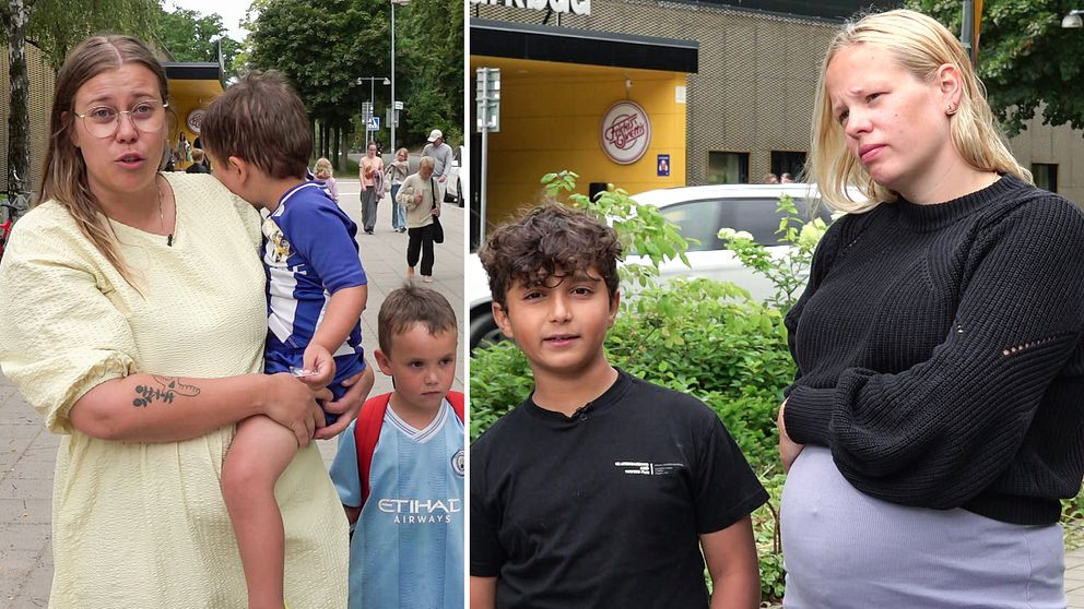 En tvådelad bild, båda bidlerna föreställer mammor med sina barn utanför Nolhaga Parkbad.