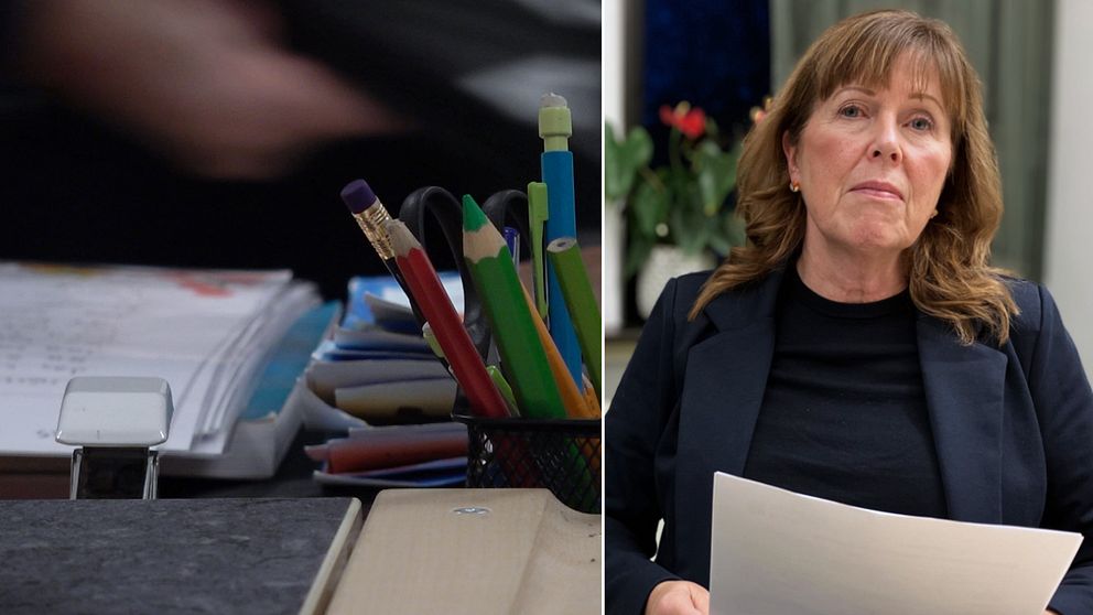 splitbild pennor i skolmiljö, kvinna med papper i hand