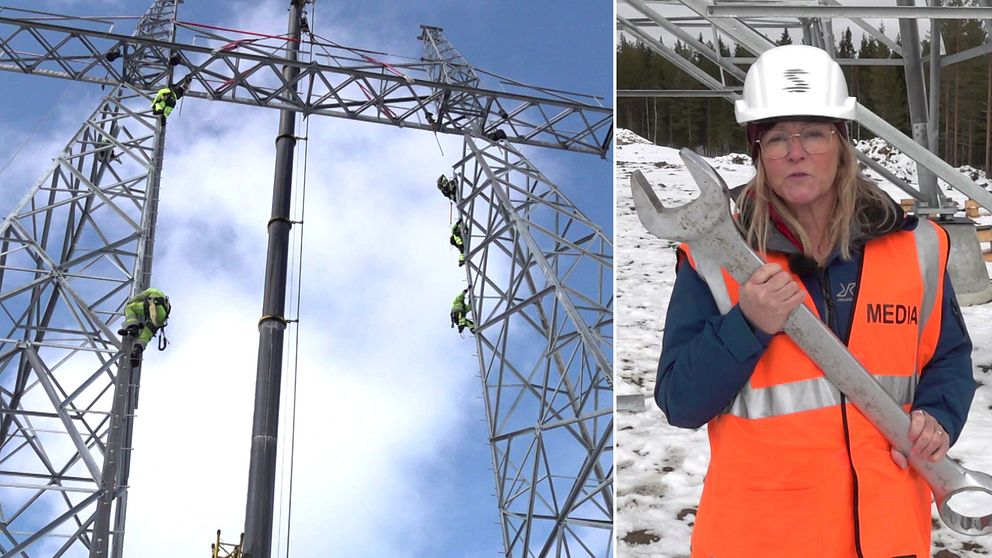 Arbetare som klättrar upp för elstolpe. SVT:s reporter Randi Gitz med gigantiskt verktyg i händerna till höger.