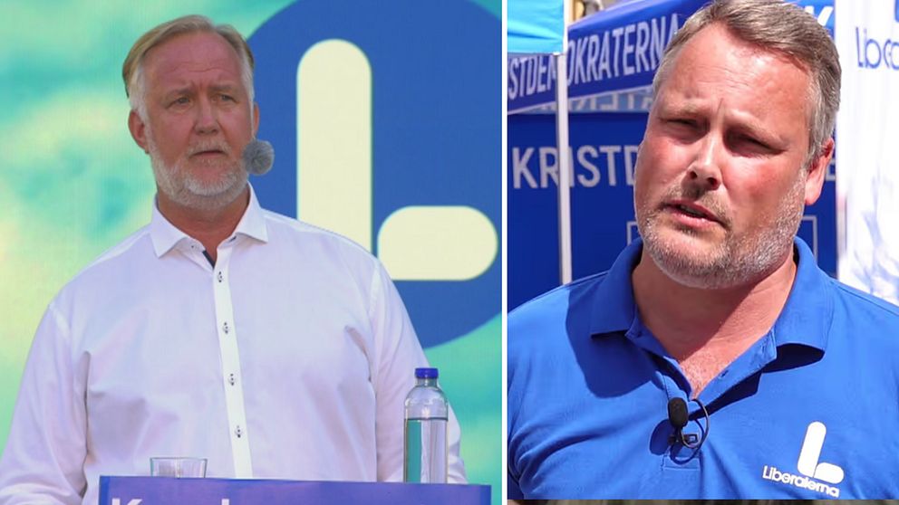 Delad bild. Till vänster: person vid Liberalernas logotyp. Till höger: person i blå Liberalernas-tröja.