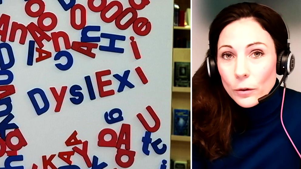 Porträttfoto av kvinna. Kylskåpsmagneter som stavar dyslexi.