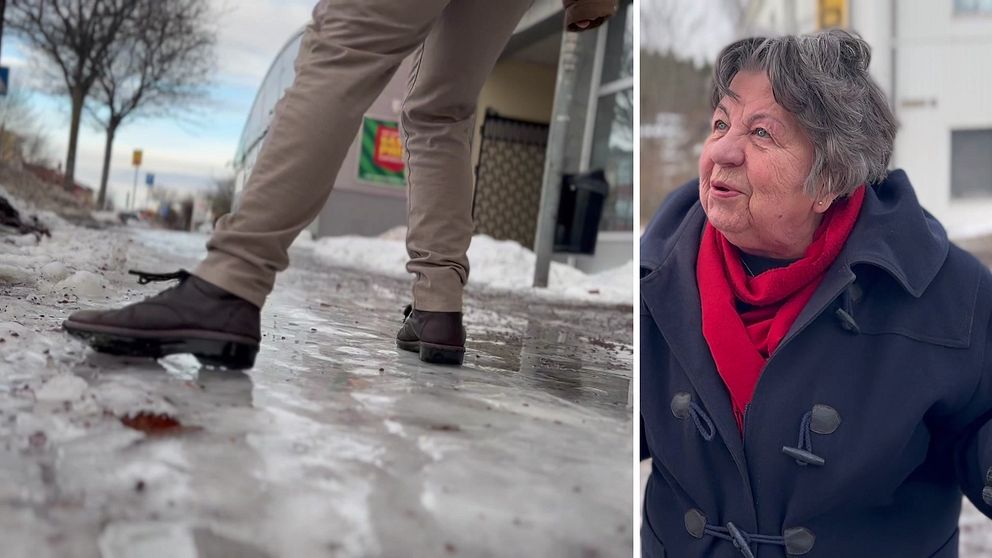 Två bilder. En halkande person på en isig trottoar till vänster och en kvinna till höger.