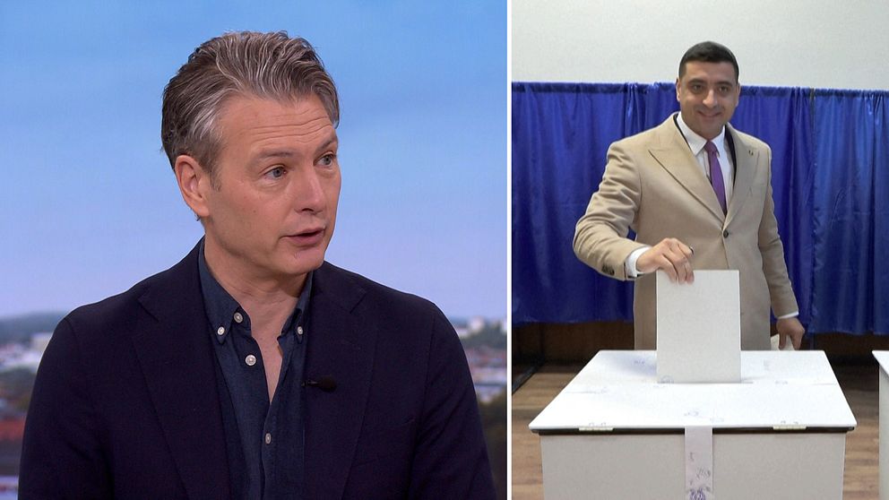 Delad bild. Till vänster: person i studio. Till höger: man i kostym lägger röstsedel i valurna.